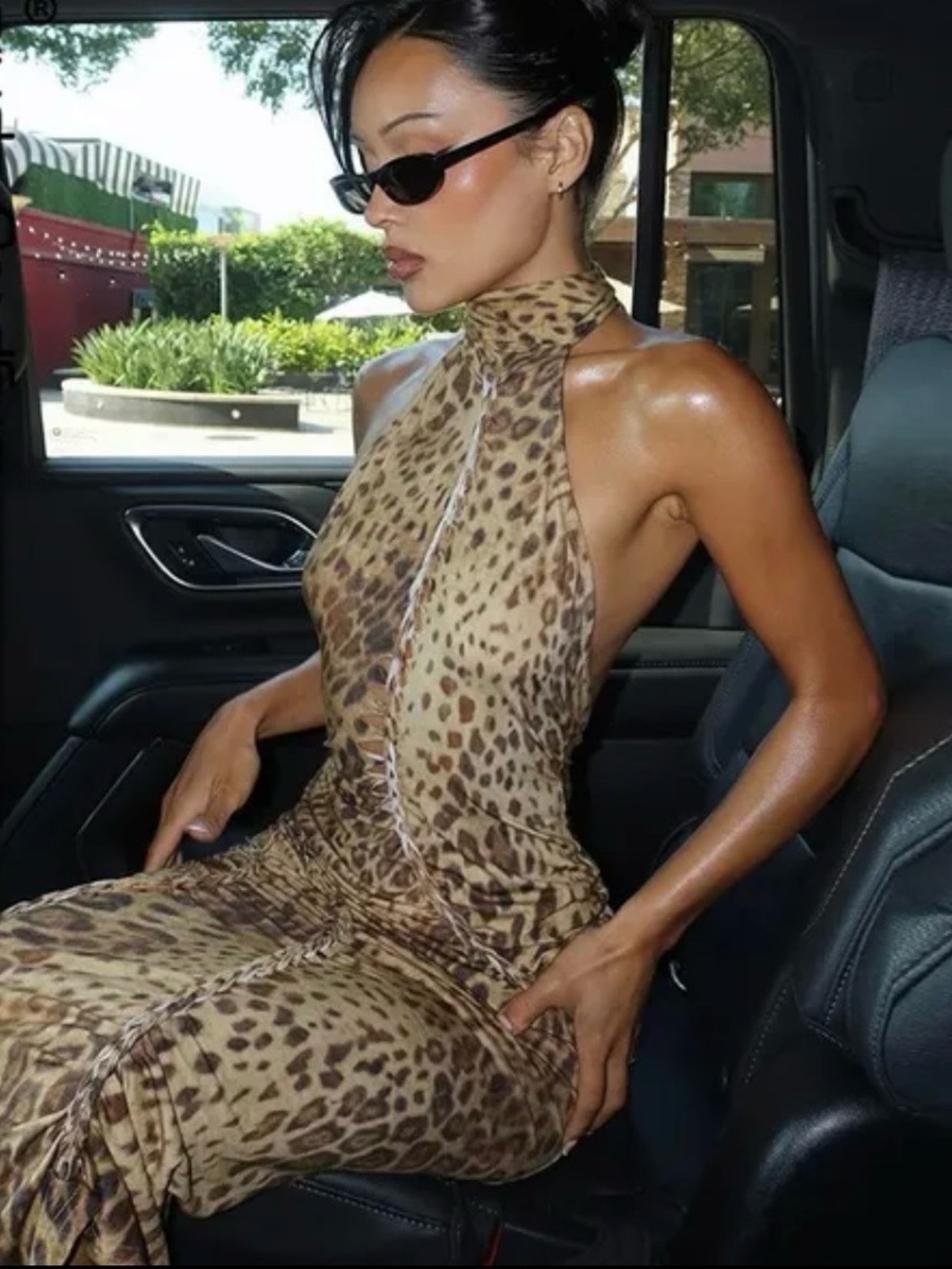 Leopard Print Halter Maxi Dress - Brown XS